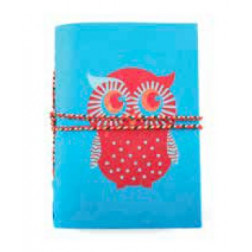 Cuaderno azul pequeño con dibujo de búho rojo