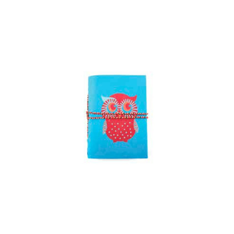 Cuaderno azul con dibujo de búho rojo